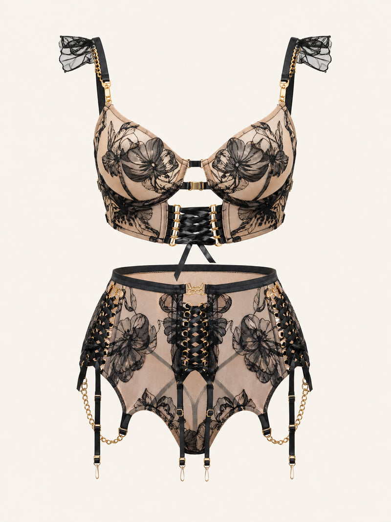 Floral Black Embroidered Mesh Bodysuit with Lace-Up Detailing