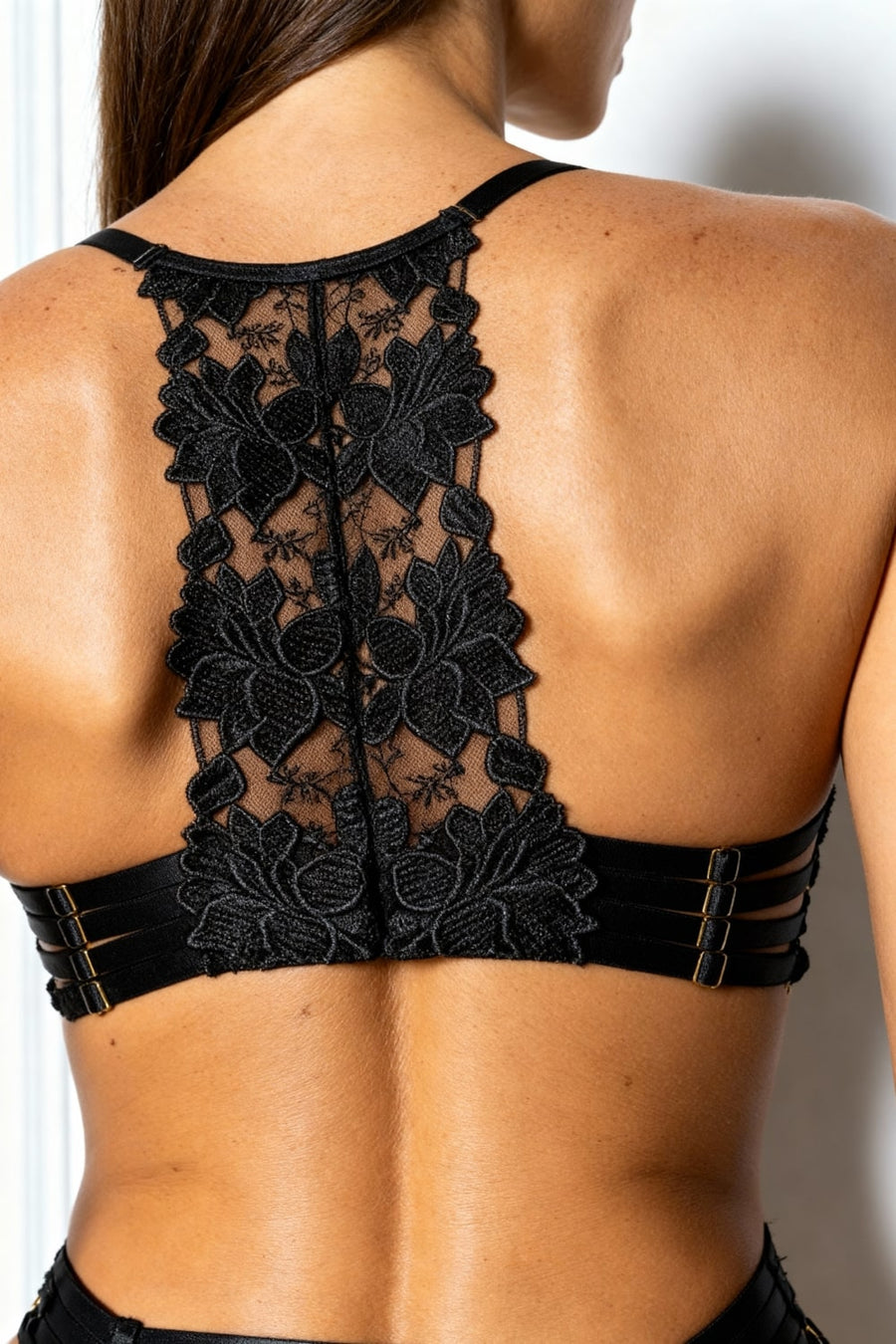 Floral Black Embroidered Mesh Lingerie Set with Strappy Detail-Lingerie Set-Bellascena-bellascena