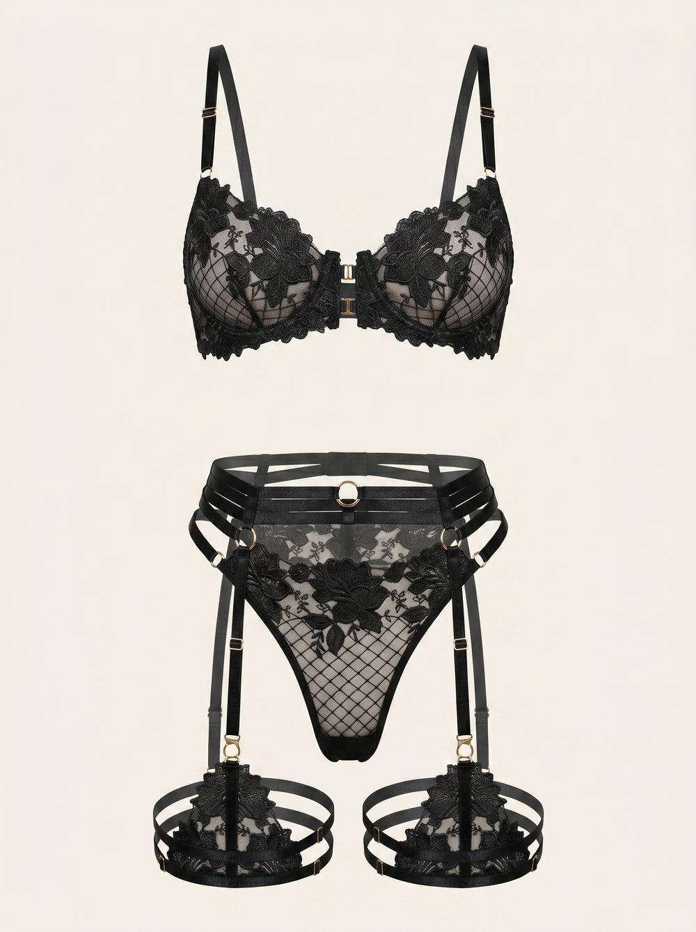 Besticktes Mesh-Dessous-Set in Schwarz-Floral mit Riemchen-Detail