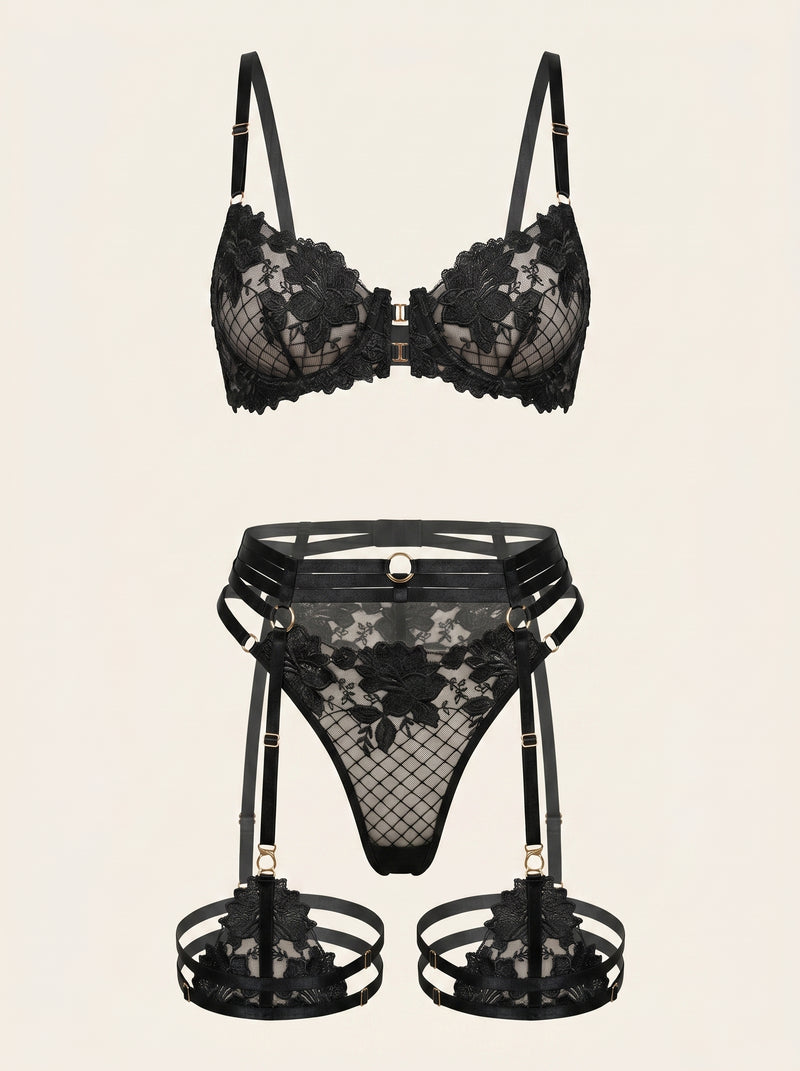 Set di lingerie in rete nera ricamata a fiori con dettaglio a strisce
