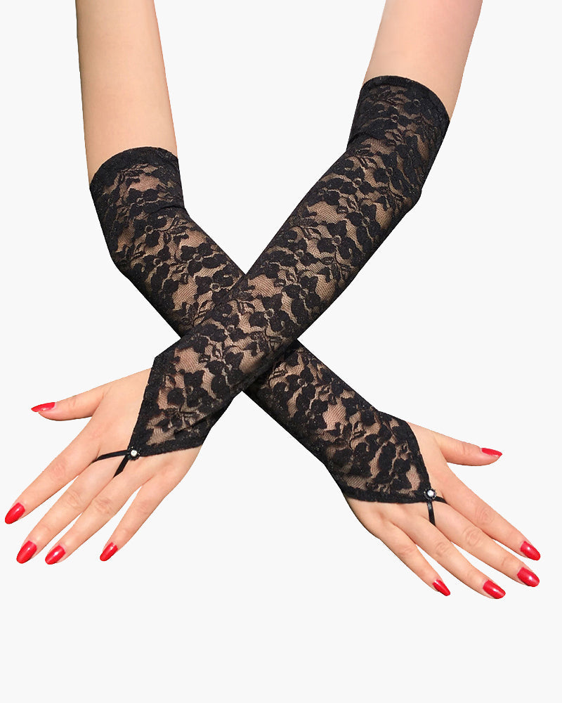 Floral Black Lace Fingerless Gloves with Sheer Detail-Gloves-Bellascena-bellascena