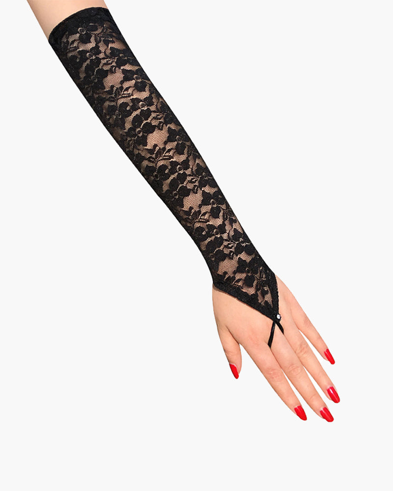 Floral Black Lace Fingerless Gloves with Sheer Detail-Gloves-Bellascena-bellascena