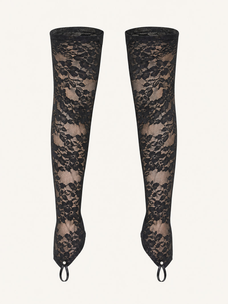 Floral Black Lace Fingerless Gloves with Sheer Detail