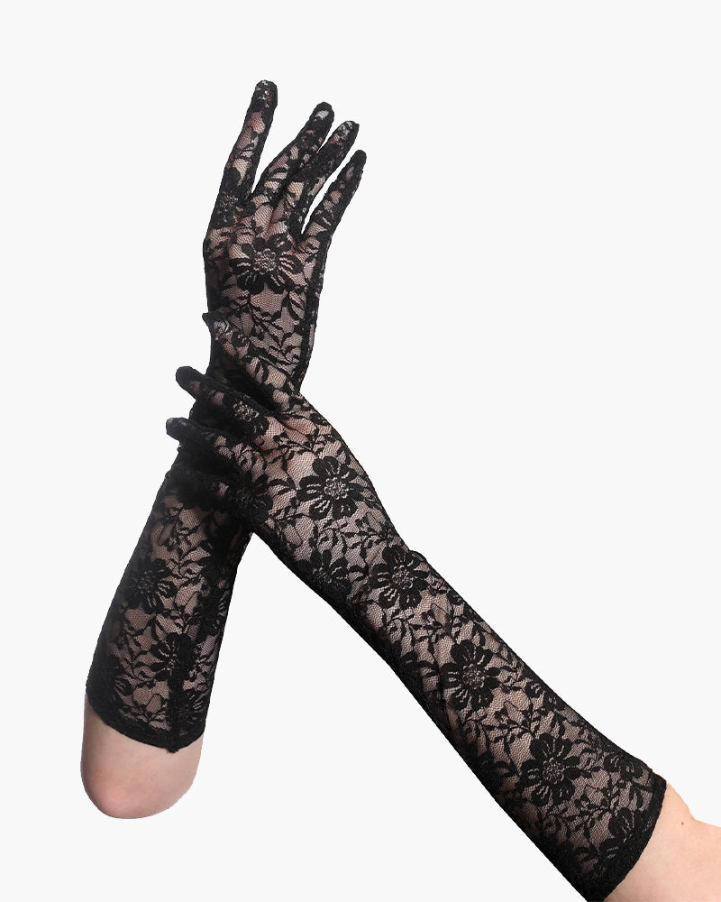Floral Black Lace Gloves with Sheer Elegance-Gloves-Bellascena-bellascena
