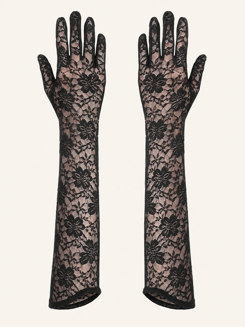 Floral Black Lace Gloves with Sheer Elegance