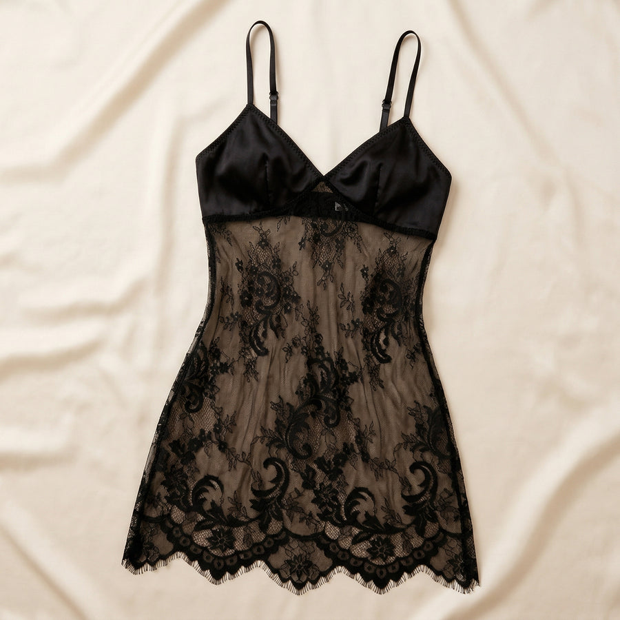 Floral Black Lace Nightgown with Scalloped Edges-Nightgown-Bellascena-bellascena