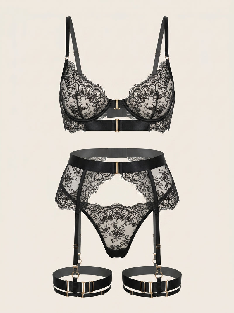 Set di lingerie in rete nera floreale con design trasparente a strisce