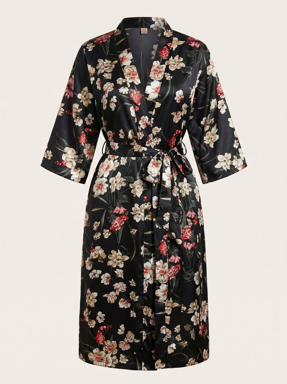 Zwarte satijnen kimono met bloemenprint en ceintuur