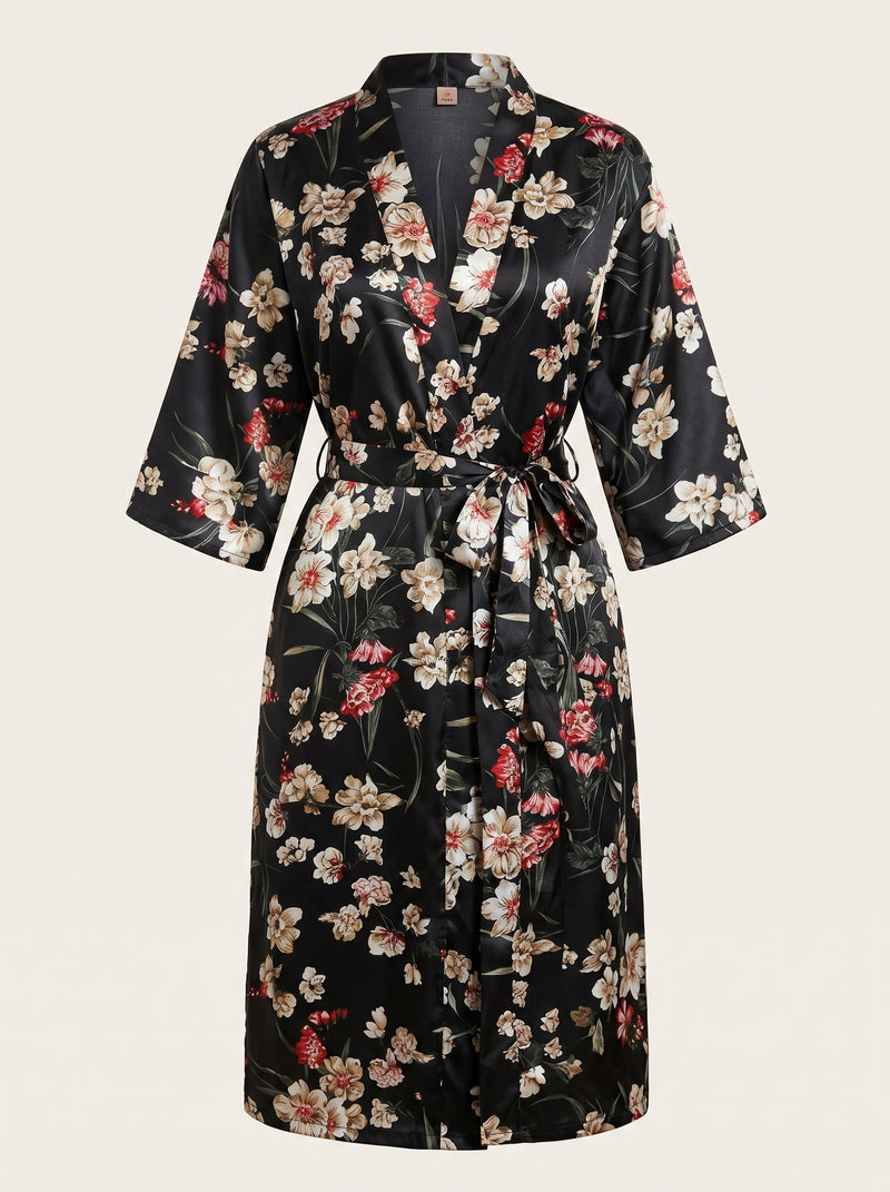 Floral Black Satin Kimono Robe with Tie Belt