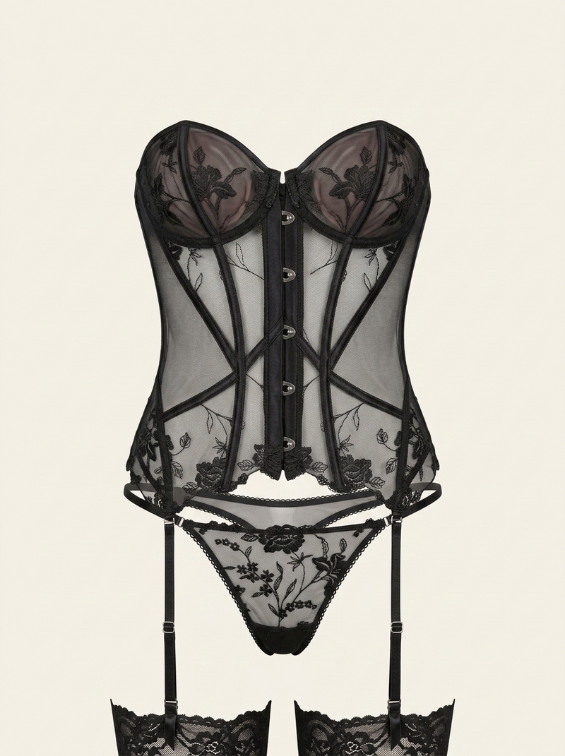 Zwarte transparante mesh-lingerieset met bloemen en borduursel