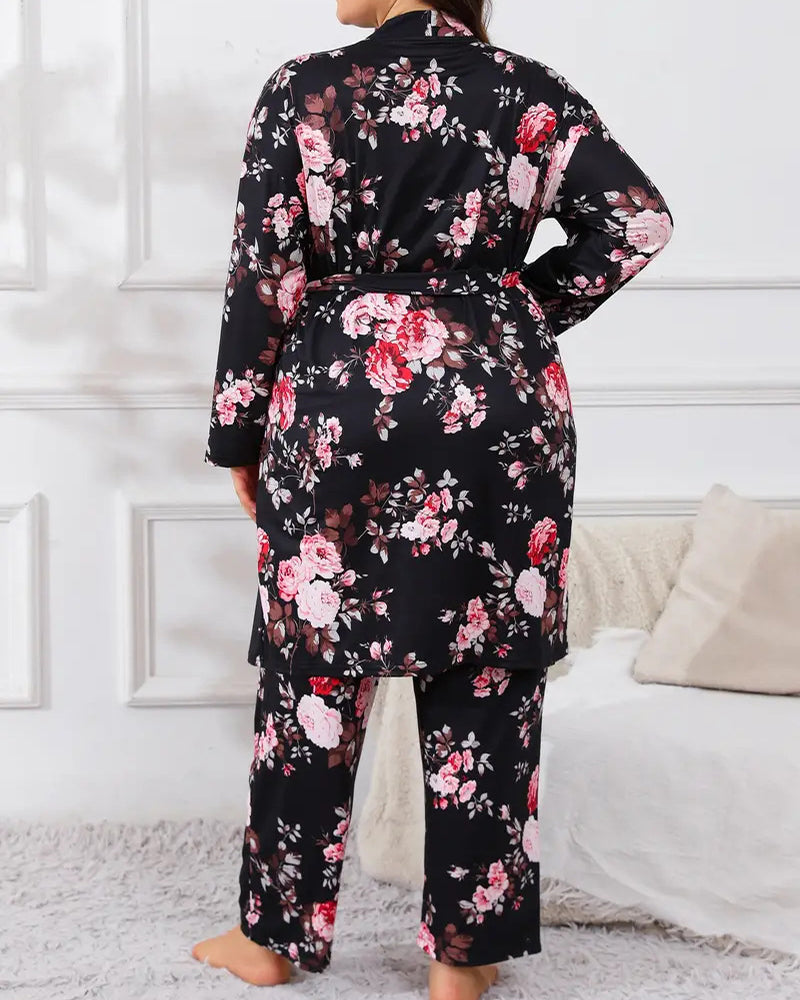 Floral Blue Cotton Pajama Set with Tie Belt-Pajama Set-Bellascena-bellascena