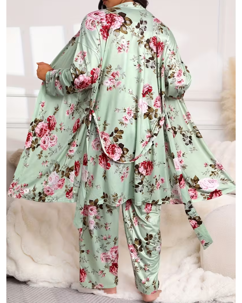 Floral Blue Cotton Pajama Set with Tie Belt-Pajama Set-Bellascena-bellascena