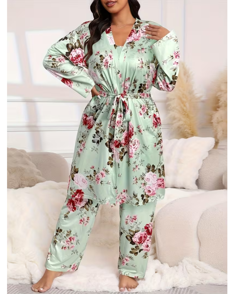 Floral Blue Cotton Pajama Set with Tie Belt-Pajama Set-Bellascena-bellascena