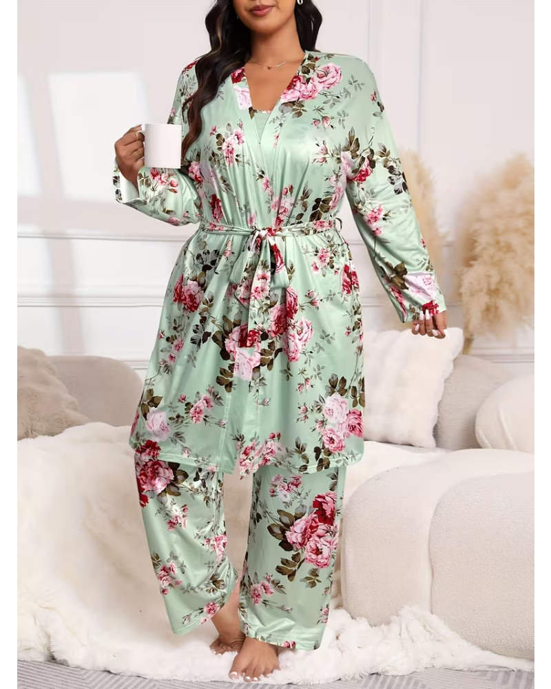 Floral Blue Cotton Pajama Set with Tie Belt-Pajama Set-Bellascena-bellascena