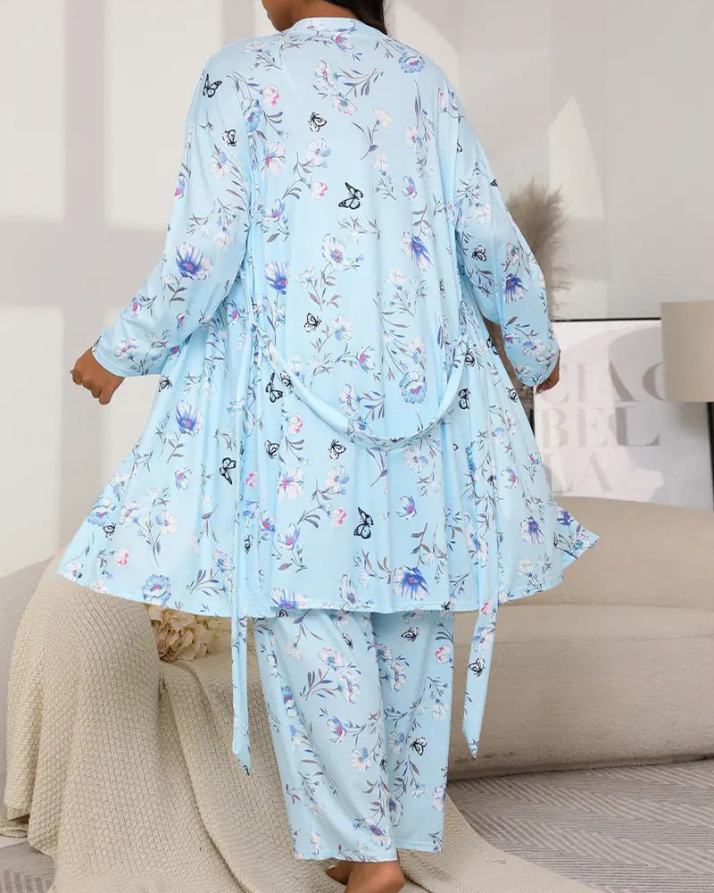 Floral Blue Cotton Pajama Set with Tie Belt-Pajama Set-Bellascena-bellascena