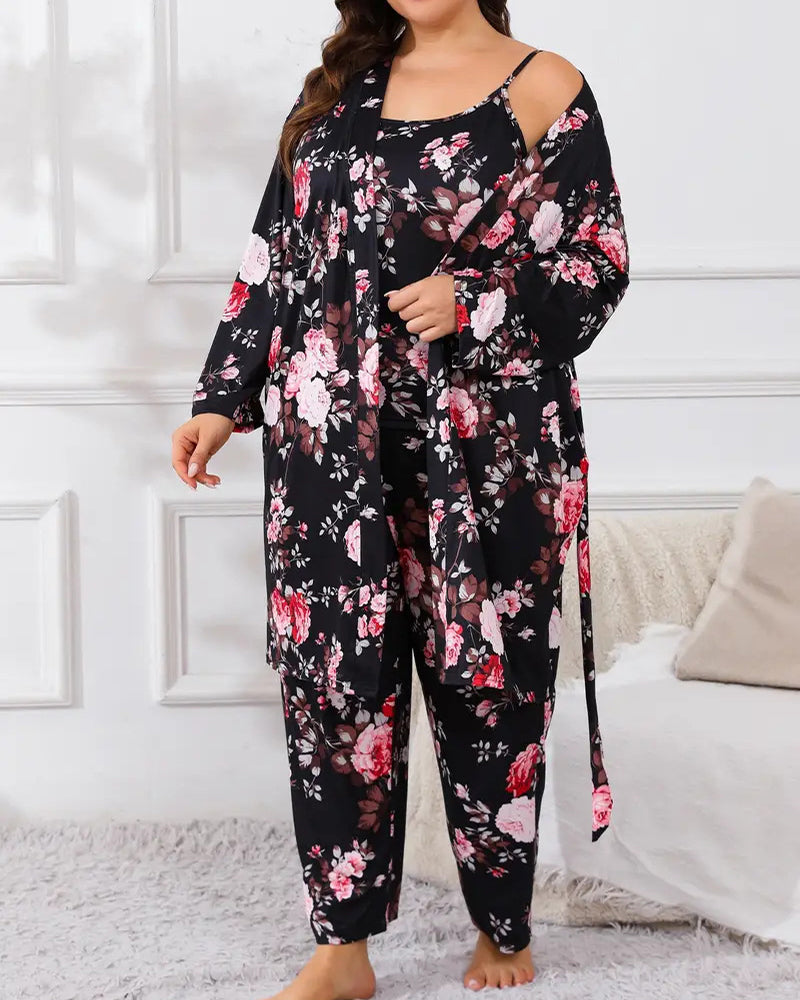 Floral Blue Cotton Pajama Set with Tie Belt-Pajama Set-Bellascena-Black-XL-bellascena