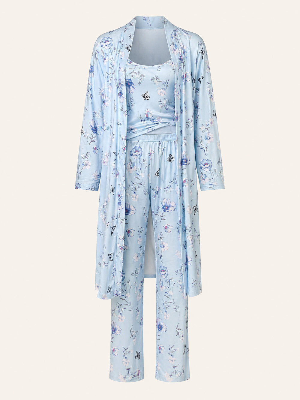 Floral Blue Cotton Pajama Set with Tie Belt