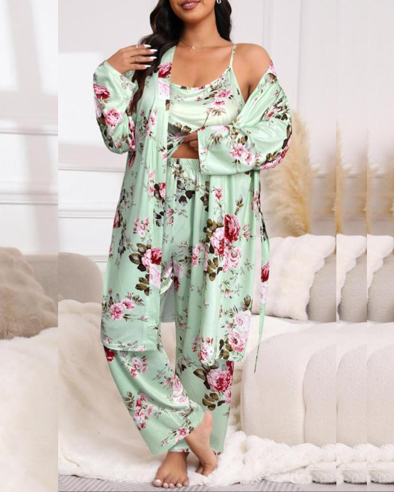 Floral Blue Cotton Pajama Set with Tie Belt-Pajama Set-Bellascena-Green-XL-bellascena
