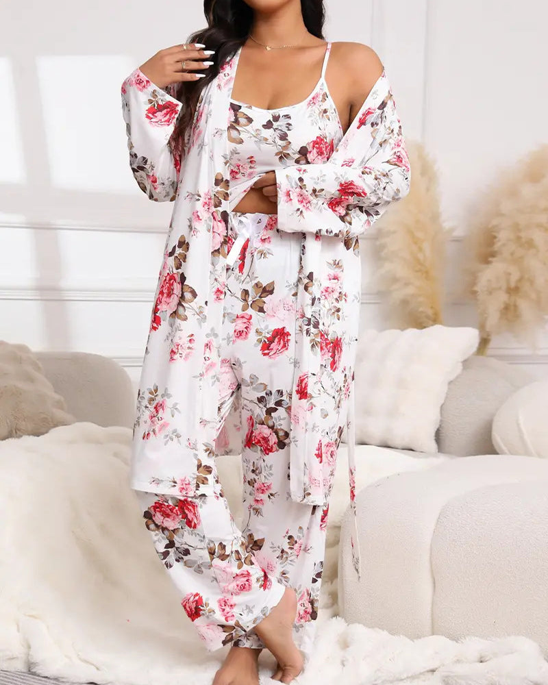 Floral Blue Cotton Pajama Set with Tie Belt-Pajama Set-Bellascena-White-XL-bellascena