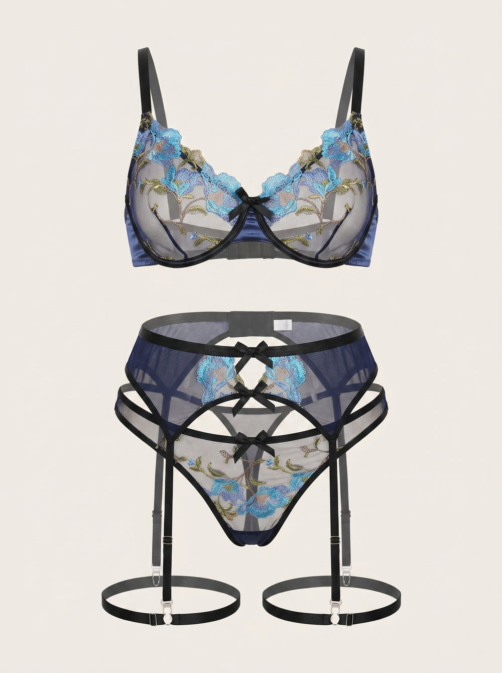 Ensemble de lingerie en dentelle bleue à motifs floraux, brodé, avec porte-jarretelles et détails à bretelles