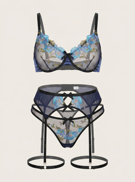 Floral Blue Embroidered Lace Bra with Strappy Detail-Bra-Bellascena-Blue-XL-bellascena