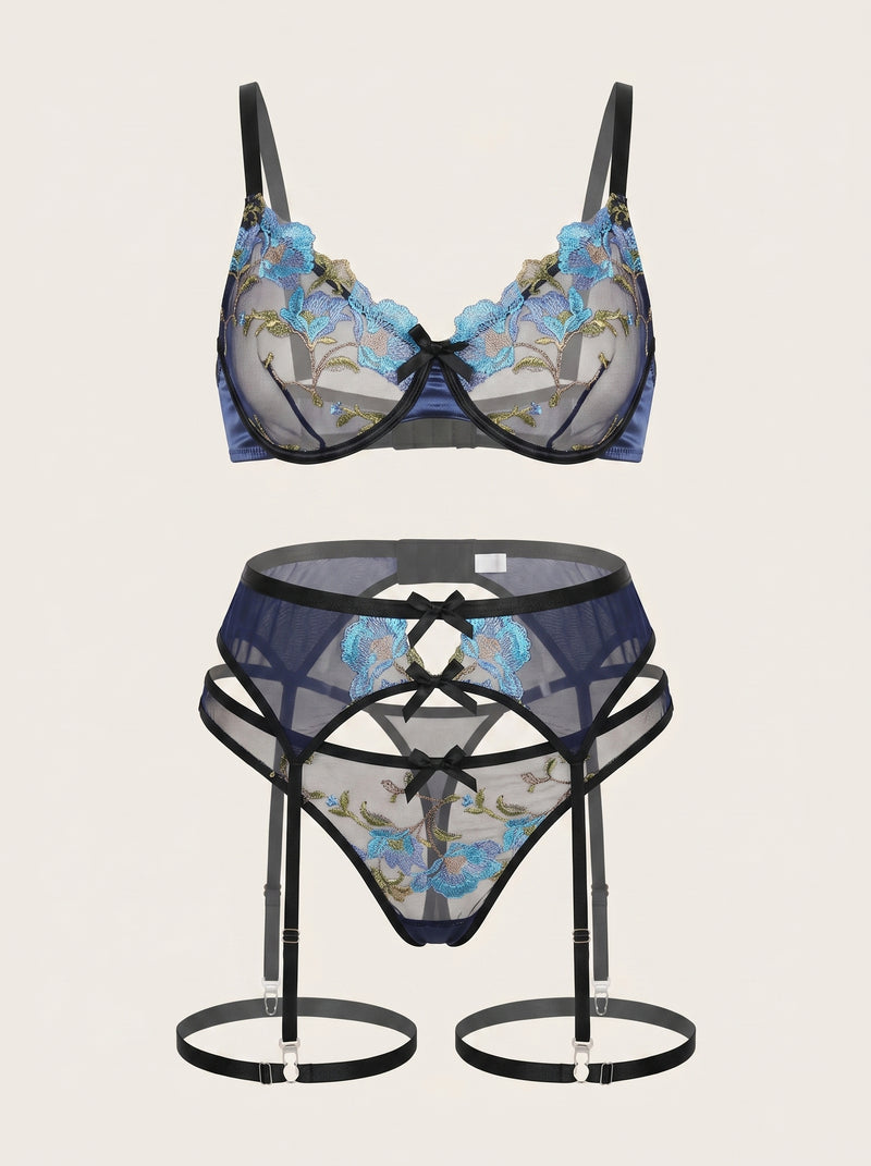 Floral Blue Embroidered Lace Bra with Strappy Detail