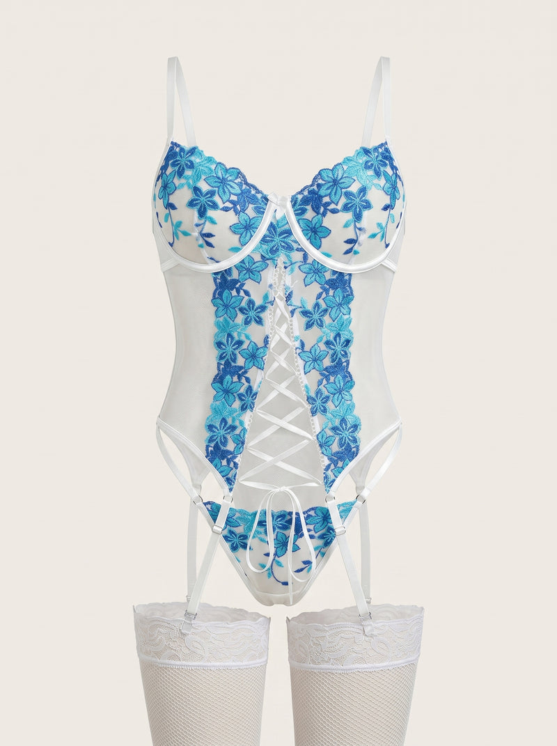 Completo di lingerie in mesh blu ricamato a fiori con parte frontale con stringhe