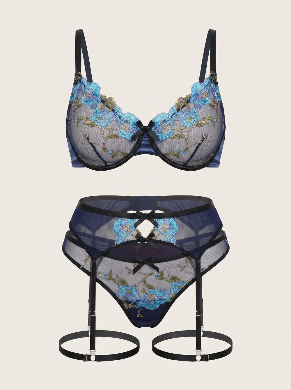 Floral Blue Embroidered Mesh Lingerie Set with Strappy Detail