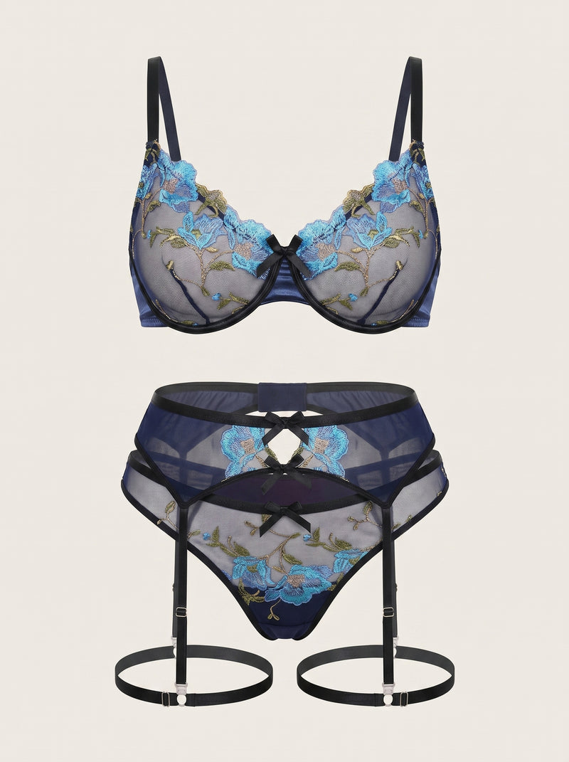 Floral Blue Embroidered Mesh Lingerie Set with Strappy Detail
