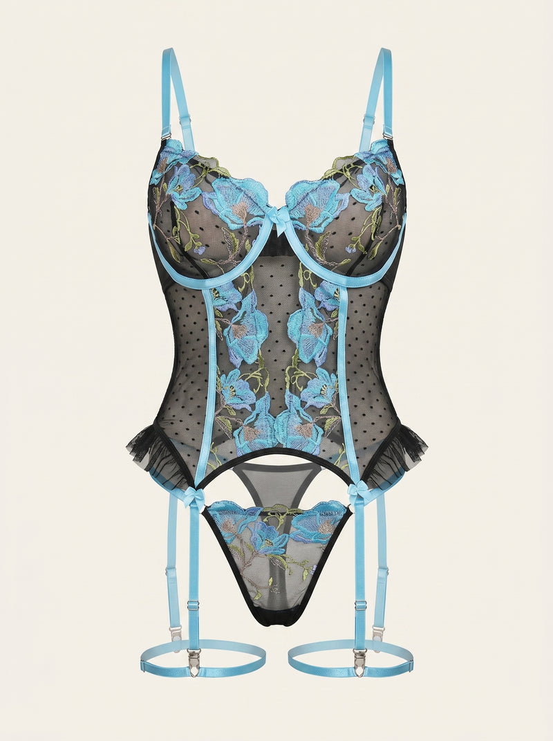 Floral Blue Embroidered Mesh Lingerie Set with Strappy Details