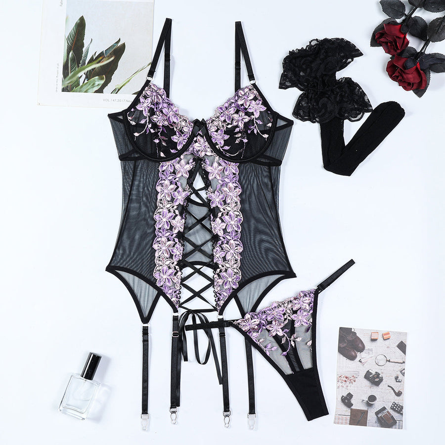 Floral Blue Embroidered Mesh Lingerie Set with Strappy Details-Lingerie Set-Bellascena-bellascena