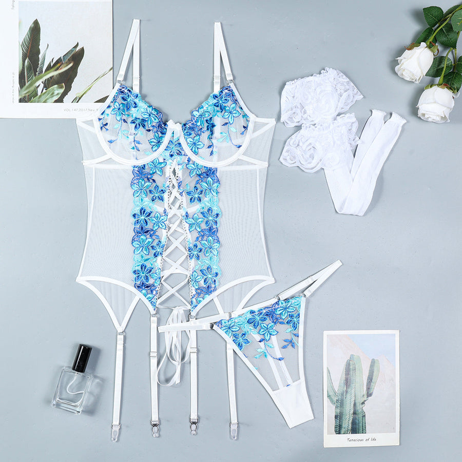 Floral Blue Embroidered Mesh Lingerie Set with Strappy Details-Lingerie Set-Bellascena-bellascena