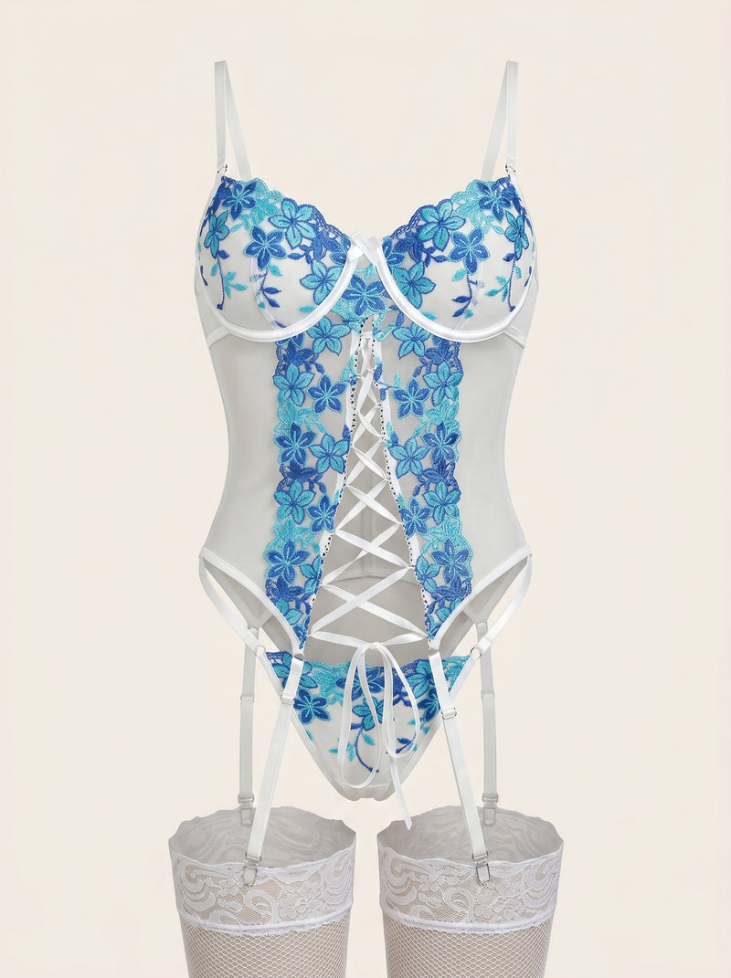 Set di lingerie in mesh blu ricamato con stampa floreale e dettagli con spalline