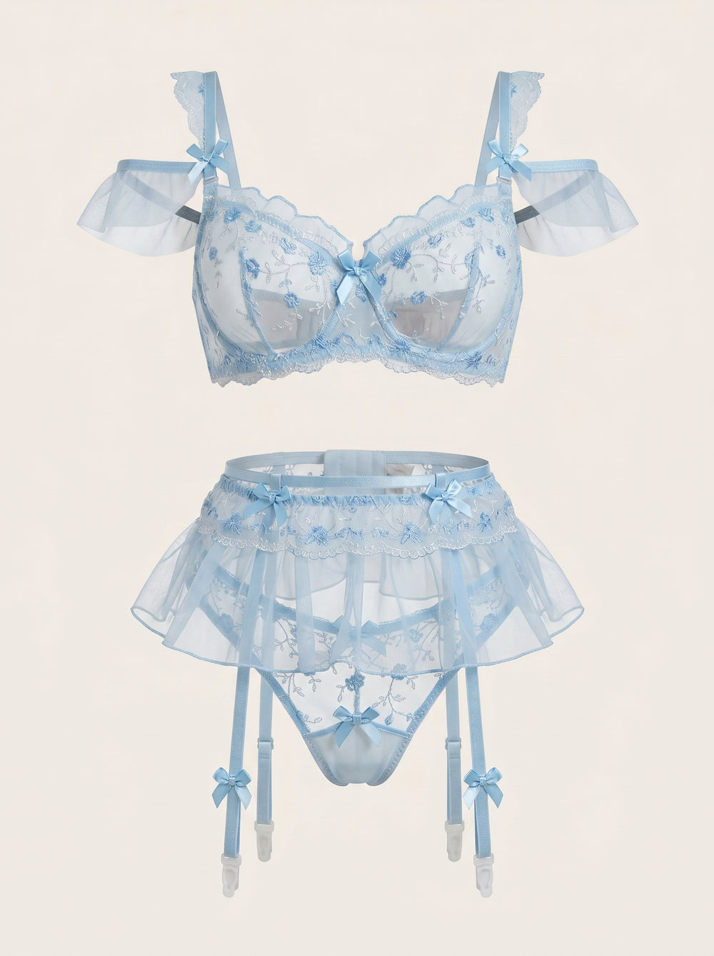 Floral Blue Lace Garter Belt Set with Ruffle Detail