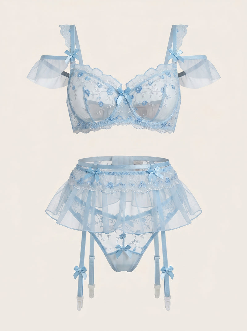 Floral Blue Lace Garter Belt Set with Ruffle Detail