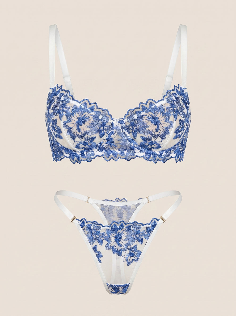 Floral Blue Lace Lingerie Set with Strappy Elegance