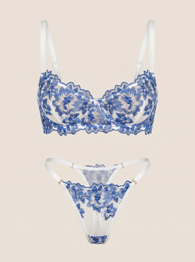Floral Blue Lace Lingerie Set with Strappy Elegance