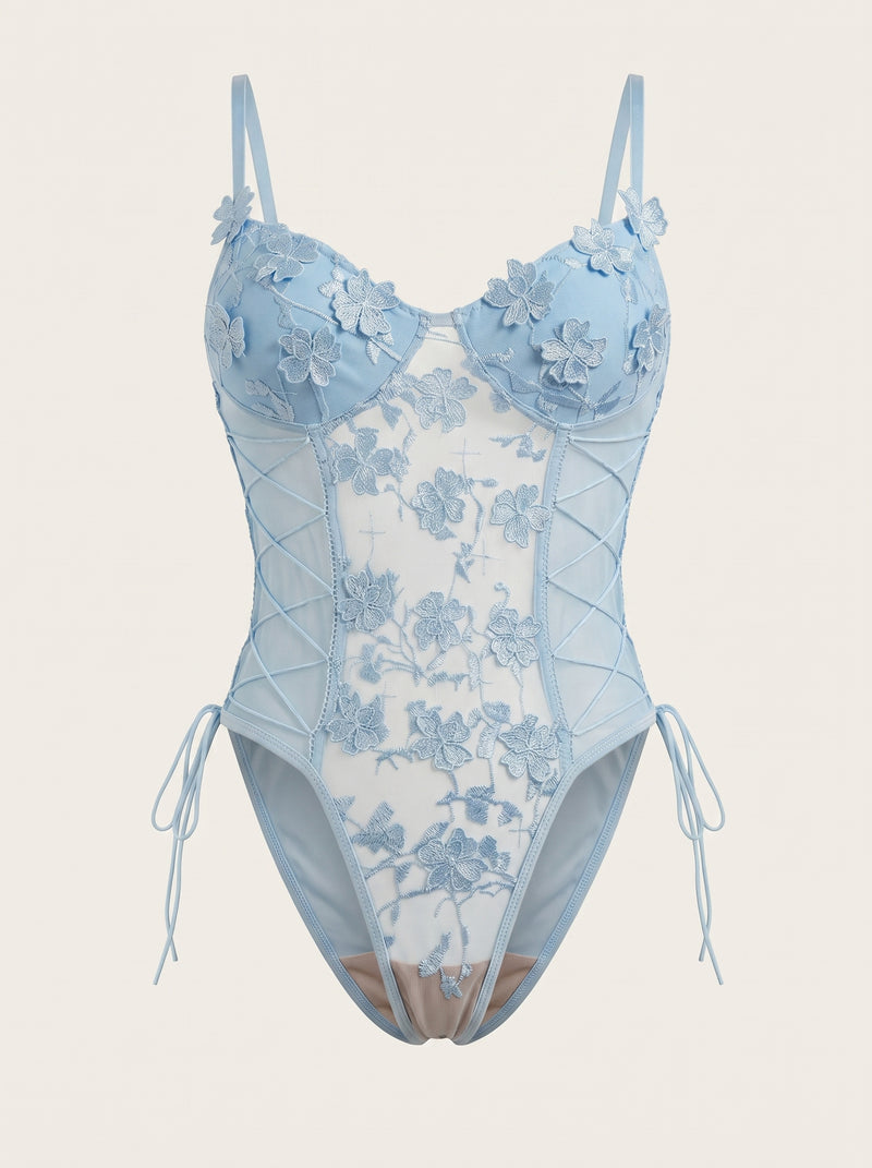 Floral Blue Mesh Bodysuit with Lace-Up Sides