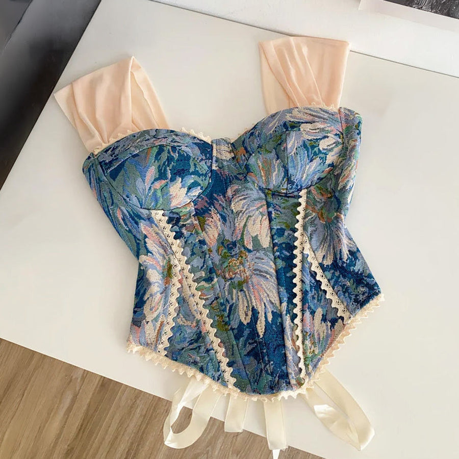 Floral Blue Tapestry Corset with Lace Trim and Lace-Up Back-Corset-Bellascena-bellascena