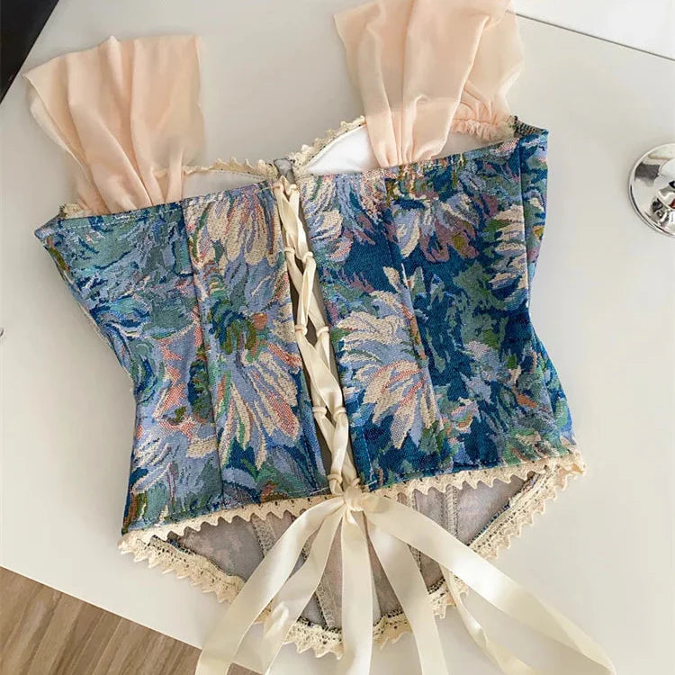 Floral Blue Tapestry Corset with Lace Trim and Lace-Up Back-Corset-Bellascena-bellascena