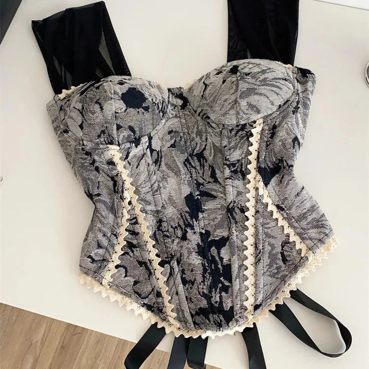 Floral Blue Tapestry Corset with Lace Trim and Lace-Up Back-Corset-Bellascena-Black-S-bellascena