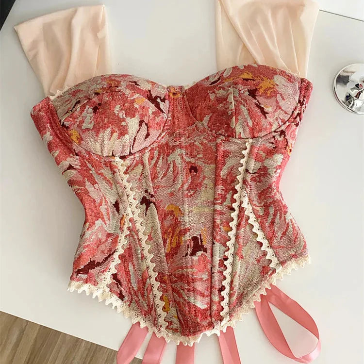 Floral Blue Tapestry Corset with Lace Trim and Lace-Up Back-Corset-Bellascena-Red-S-bellascena