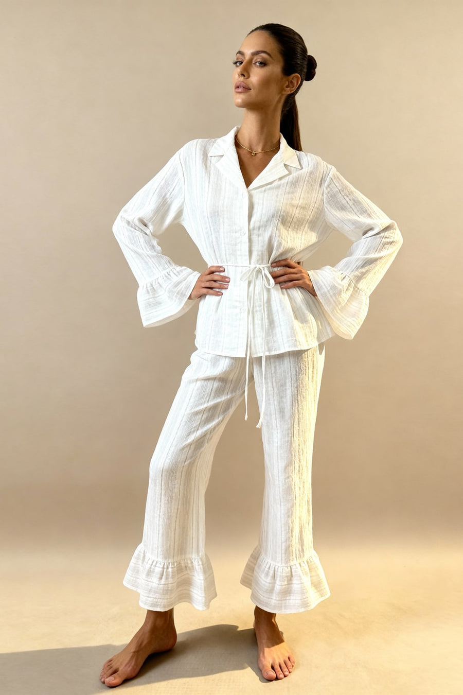 Floral Cotton Pajama Set with Ruffle Cuffs-Pajama Set-Bellascena-bellascena