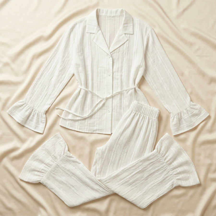 Floral Cotton Pajama Set with Ruffle Cuffs-Pajama Set-Bellascena-bellascena