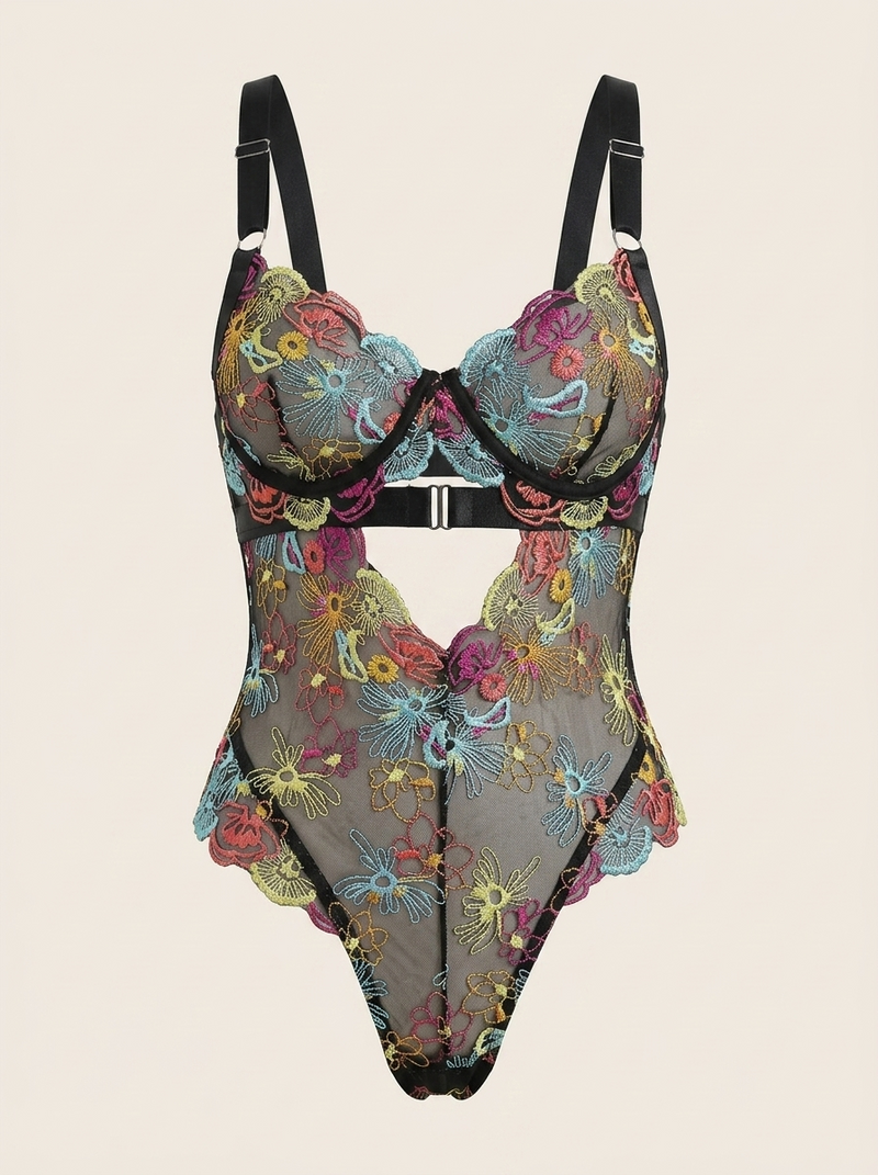 Floral Embroidered Mesh Bodysuit with Strappy Detail