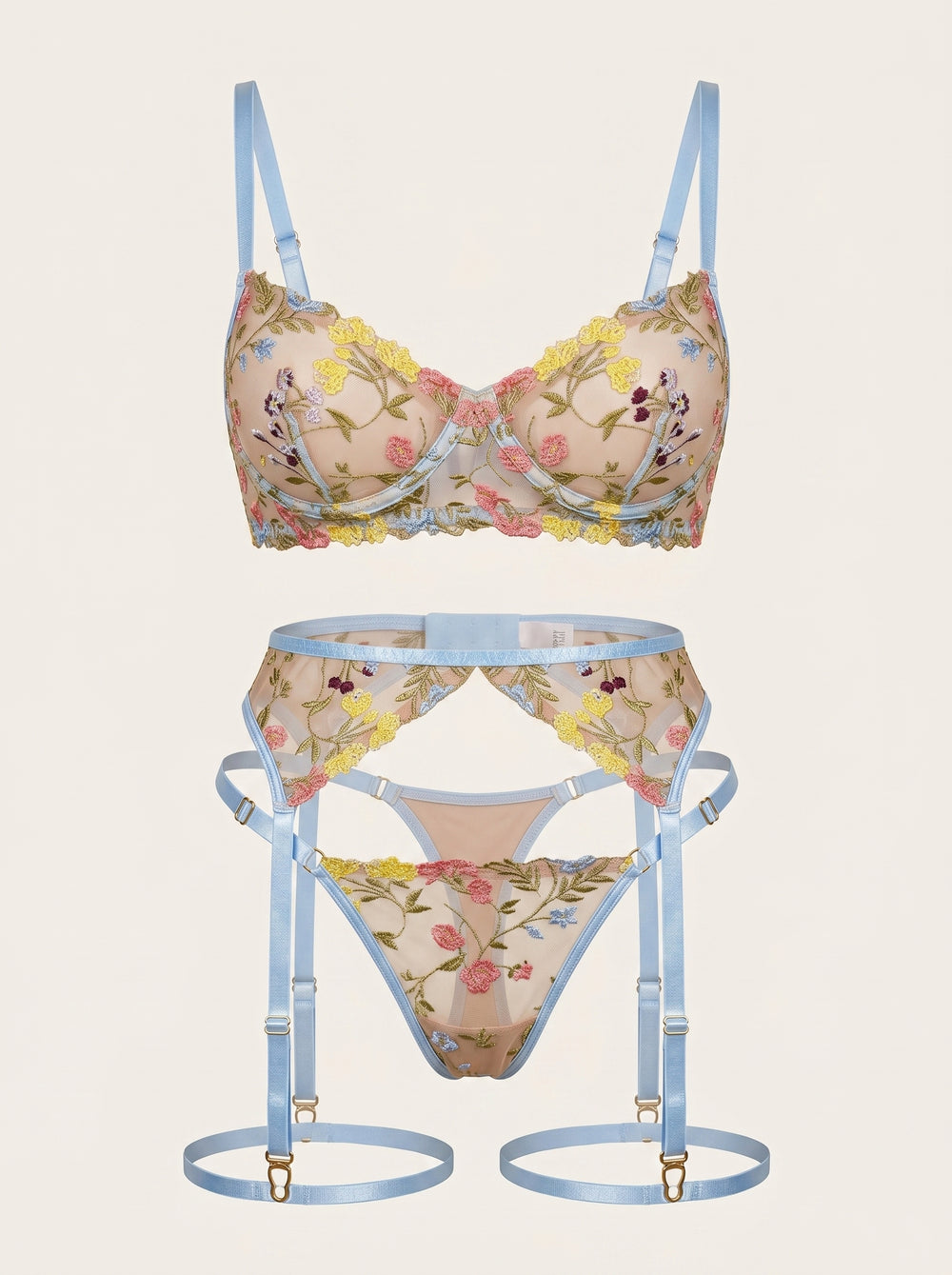 Floral Embroidered Mesh Lingerie Set with Sheer Elegance
