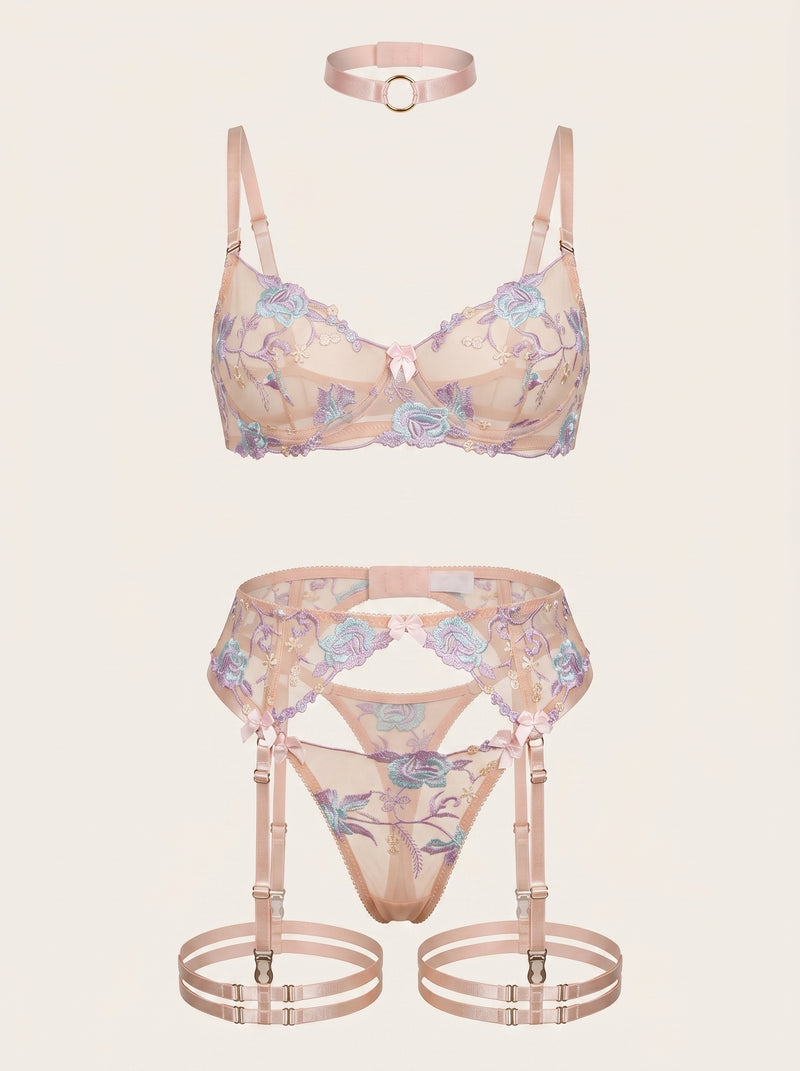Set di lingerie in rete ricamata a fiori con eleganza a strisce