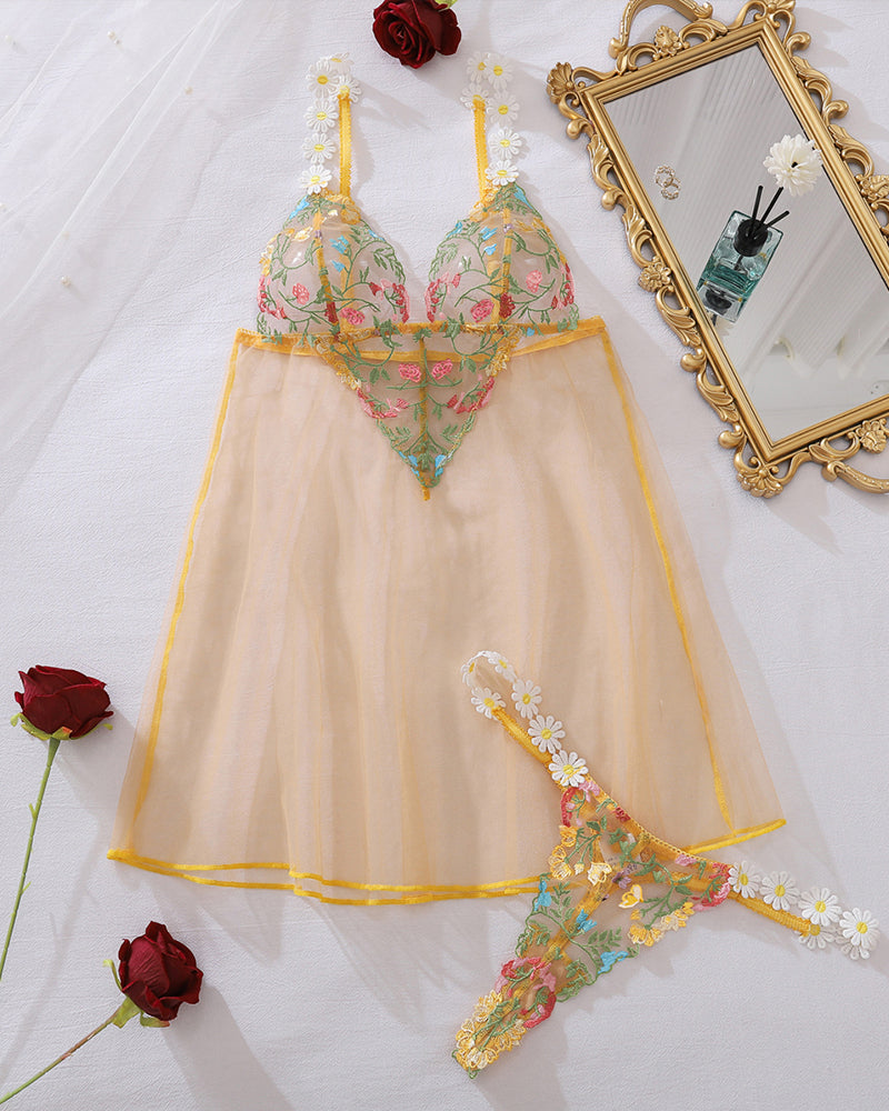 Floral Embroidery Embroidered Mesh Babydoll with Daisy Detail-Nightgown-Bellascena-bellascena