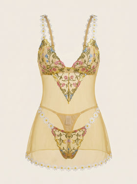 Floral Embroidery Embroidered Mesh Babydoll with Daisy Detail-Nightgown-Bellascena-bellascena