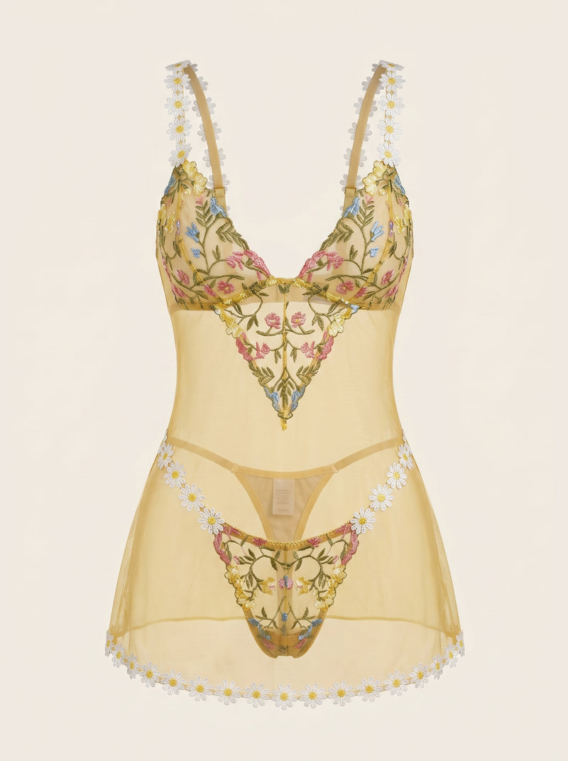 Floral Embroidery Embroidered Mesh Babydoll with Daisy Detail
